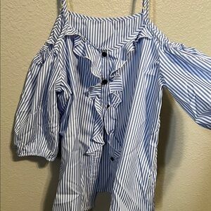 Blue Striped Women's Cold Shoulder Top